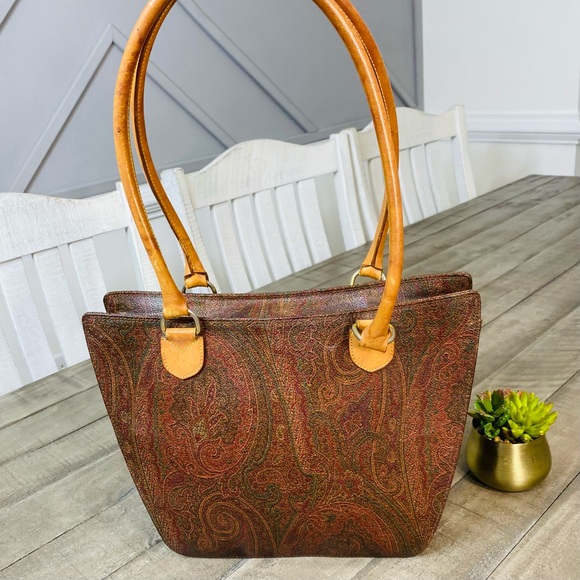 Etro Milano Handbags - ETRO Paisley Pattern PVC/Leather One-Shoulder Tote Bag Brown/Beige Vintage